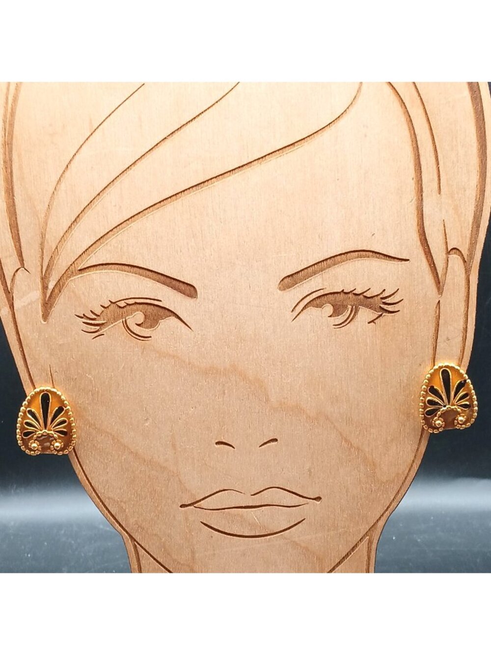 Vintage Gold Tone Clip-On Earrings With Black Enamel Detailing